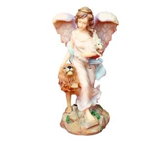 Vintage Sansco 1995 Collection Angel with Lion and Lamb Polyresin Figurine RARE